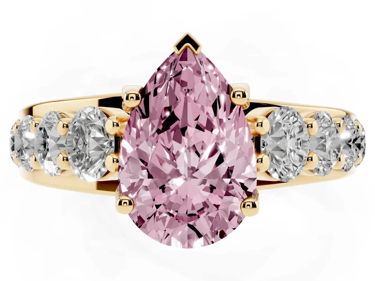 Fancy Pink Pear Cut Diamond Engagement Ring with Pavé Band and Four-Prong Setting Yellow gold