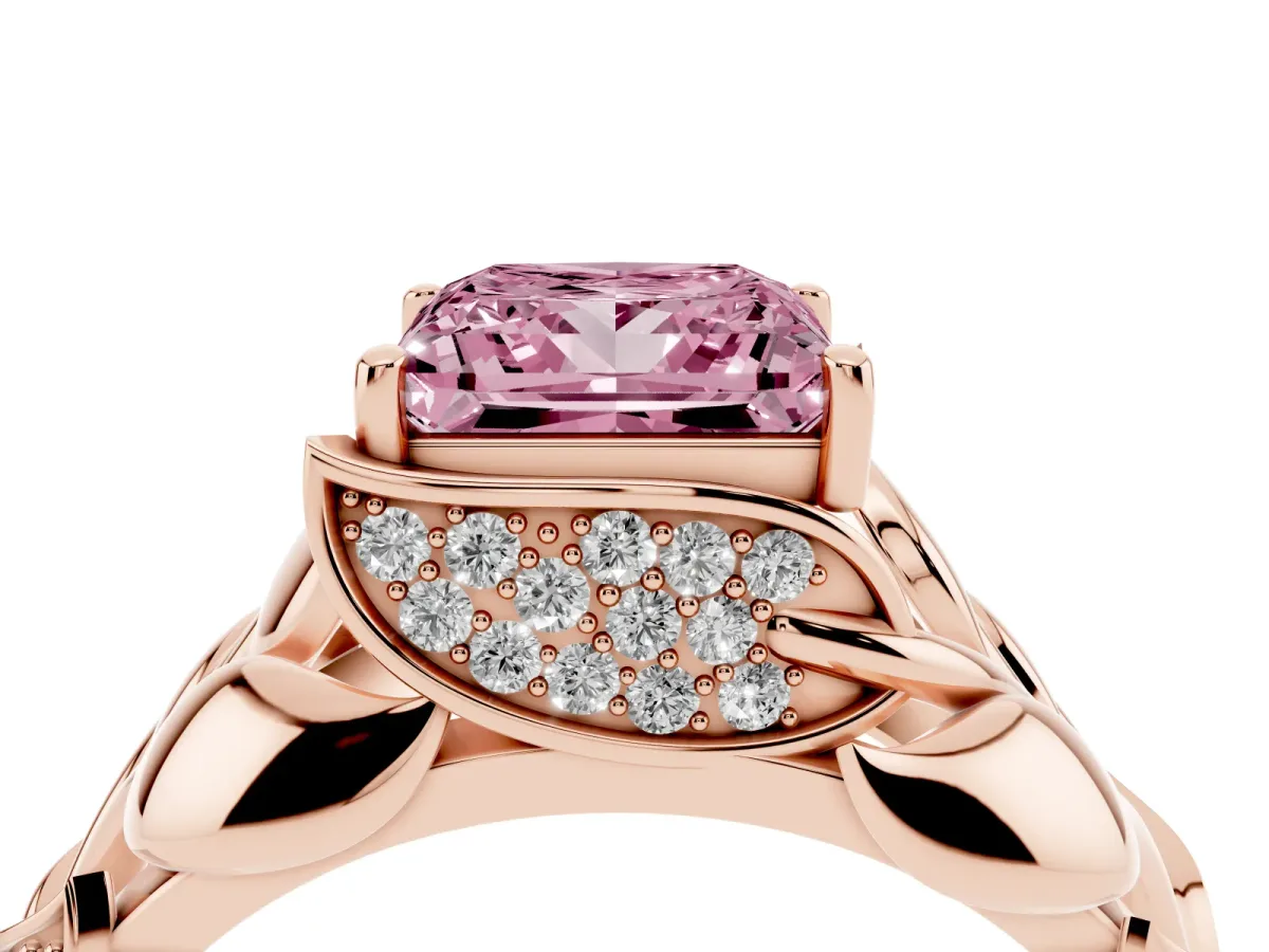 Fancy Pink Princess Cut Diamond Leaf-Inspired Engagement Ring with Round Accents and Prong Setting Rose gold