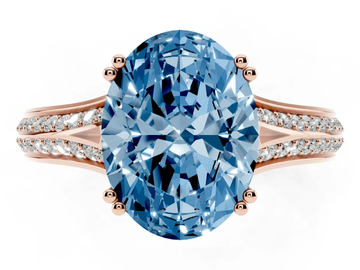 Fancy Blue Oval Cut Diamond Split Shank Engagement Ring with Pavé Band Rose gold