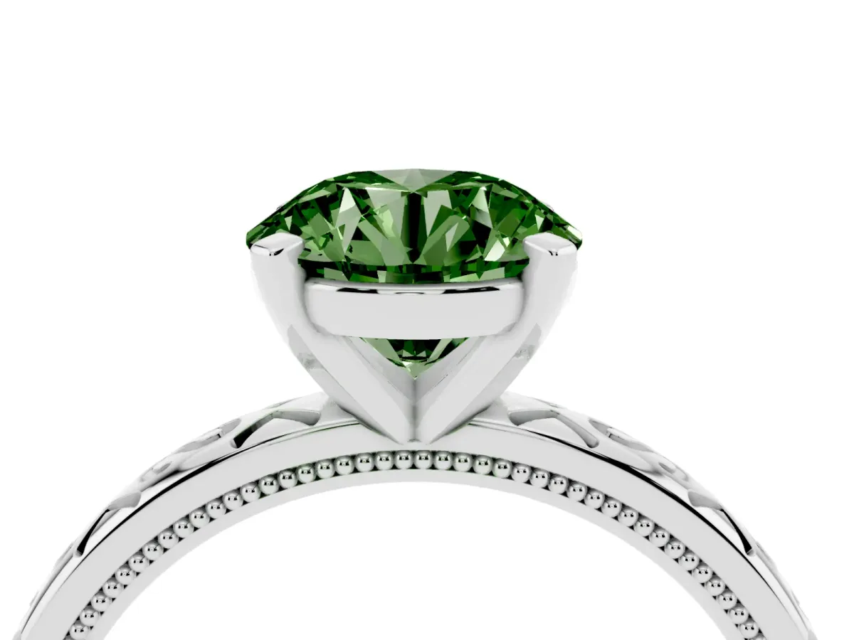 Fancy Green Round Cut Solitaire Engagement Ring with Scrollwork Band and Four-Prong Setting Silver