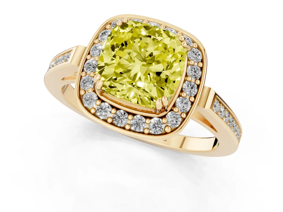 Fancy Yellow Cushion Cut Diamond Halo Ring with Split Shank and Four-Prong Setting Yellow gold