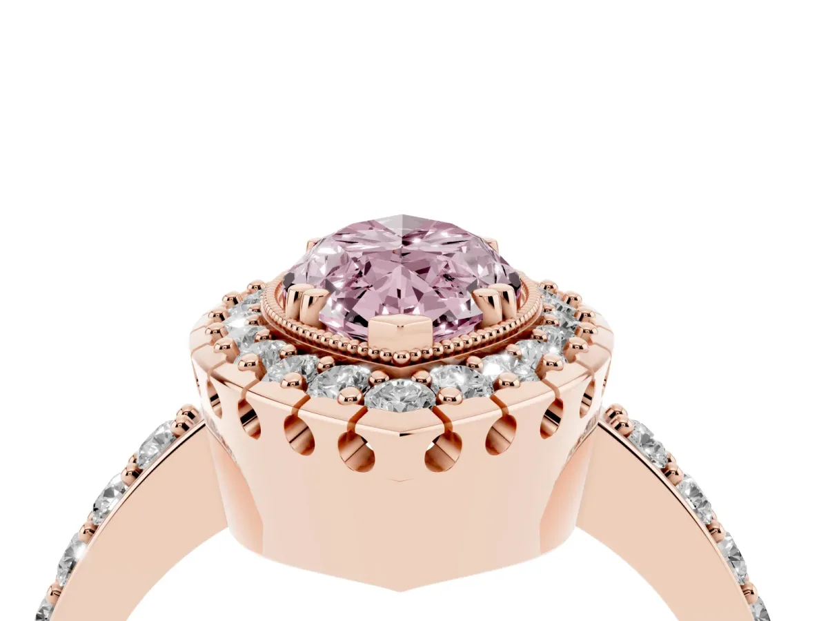 Fancy Pink Marquise Cut Diamond Halo Ring with Pavé Band and Prong Setting Rose gold