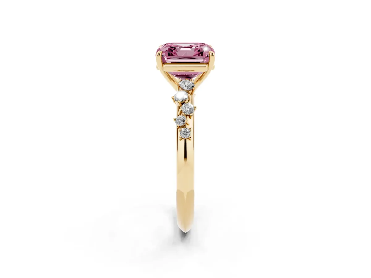 Fancy Pink Asscher Cut Diamond Cluster Side Stone Solitaire Ring with Prong Setting Yellow gold