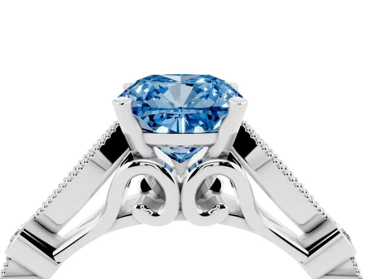 Fancy Blue Cushion Cut Cut Diamond with Milgrain Marquise and Bezel Accents on a Solitaire Band with Prong Setting White gold