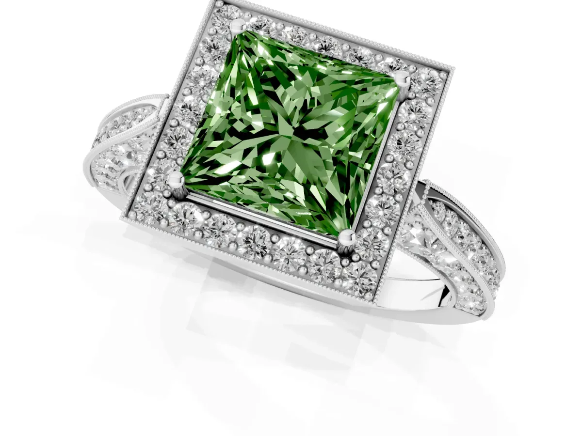 Fancy Green Princess Cut Halo Diamond Engagement Ring with Split Shank Band and Four-Prong Setting Silver
