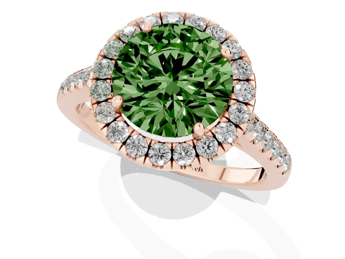 Fancy Green Round Cut Halo Pave Diamond Engagement Ring with Four-Prong Setting Rose gold