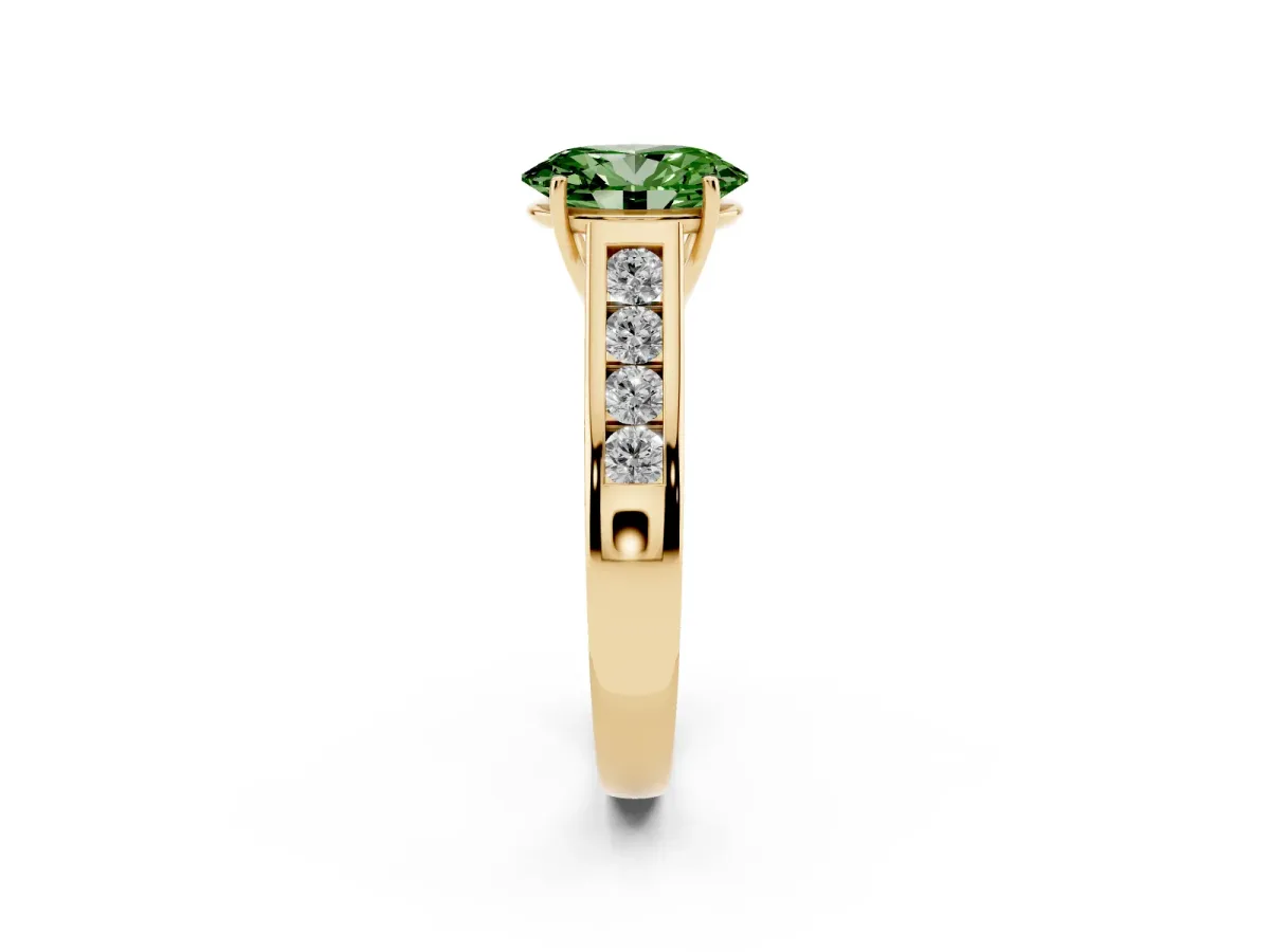 Fancy Green Oval Cut Solitaire Channel-Set Diamond Engagement Ring with Four-Prong Setting Yellow gold