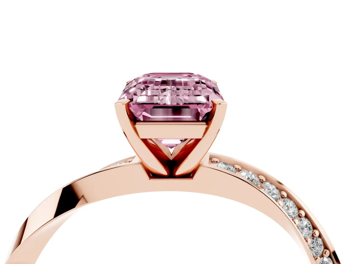 Fancy Pink Emerald Cut Diamond Engagement Ring with Side Stone Accents and Four-Prong Setting Rose gold