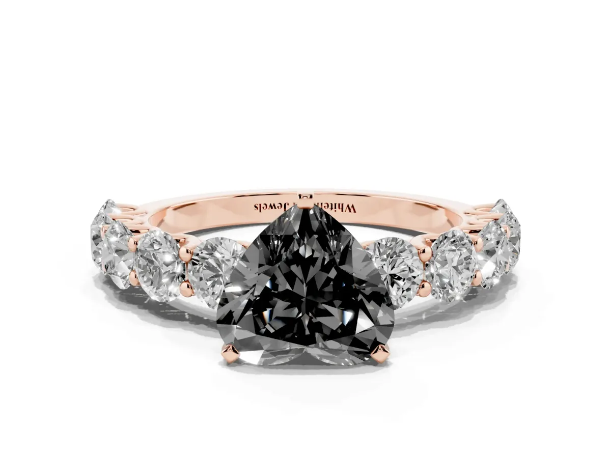 Fancy Black Heart Cut Diamond Prong Setting with Side Stones on a Pave Band Rose gold
