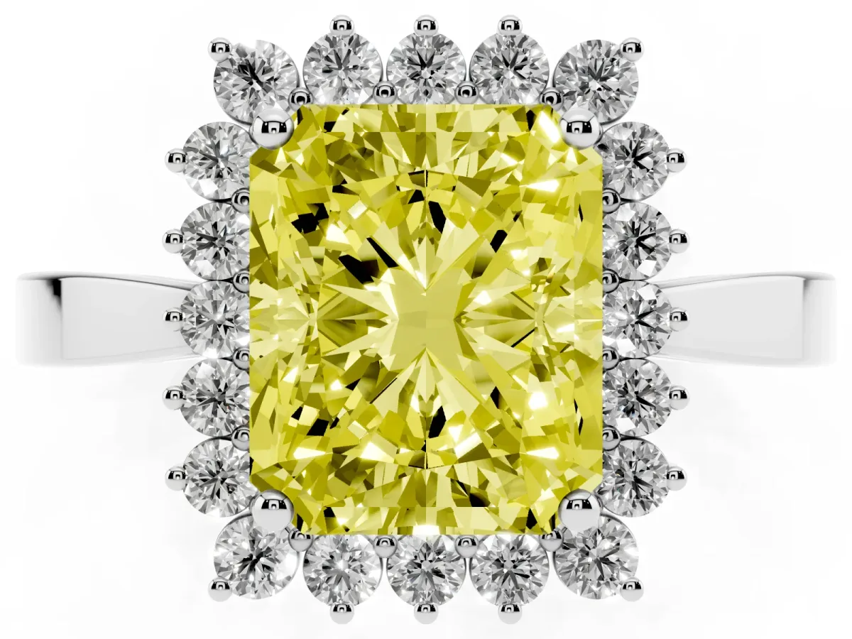 Fancy Yellow Radiant Cut Cut Diamond Halo Ring with Round Brilliant Halo and Solitaire Band Silver