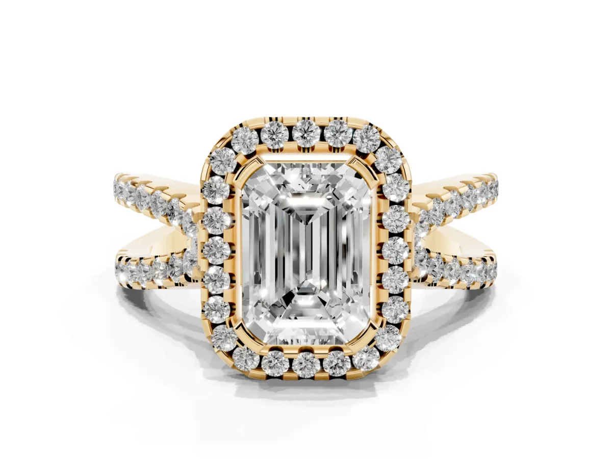 Emerald Cut Diamond Halo Ring with Split Shank Pavé Band and Prong Setting Yellow gold