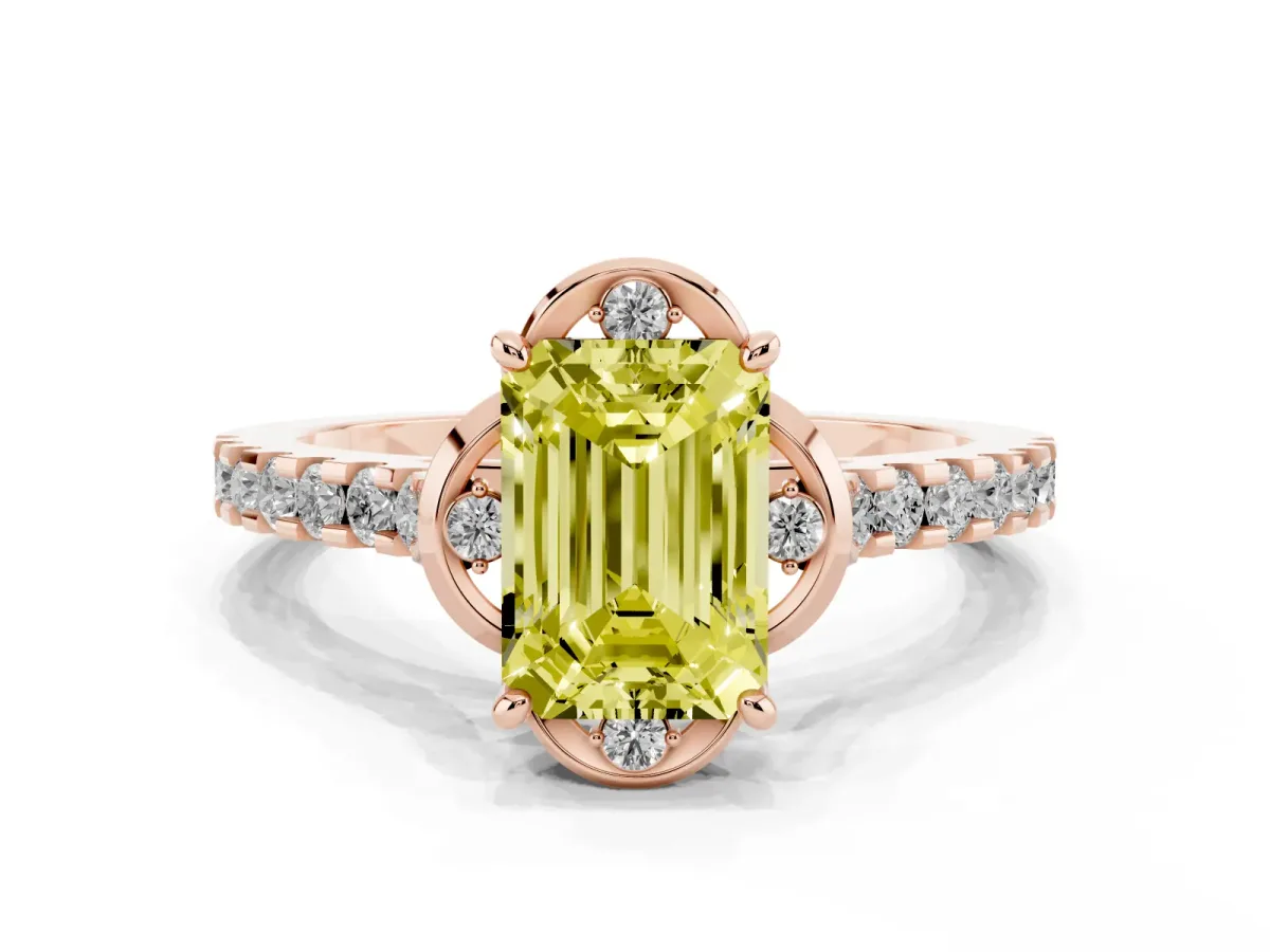 Fancy Yellow Emerald Cut Diamond Ring with Pavé Band and Floral Prong Setting Rose gold