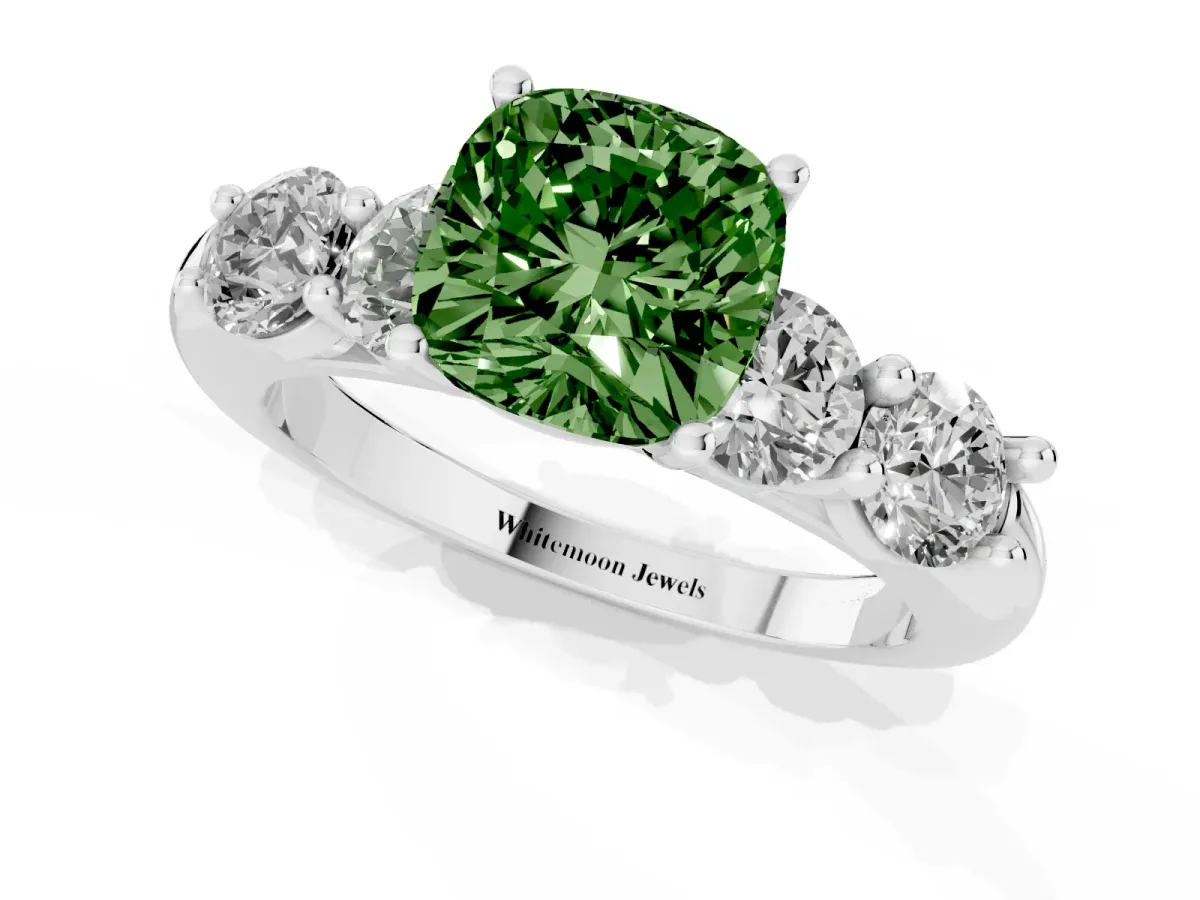 Fancy Green Cushion Cut Cut Five-Stone Prong Set Diamond Ring with Classic Band Silver