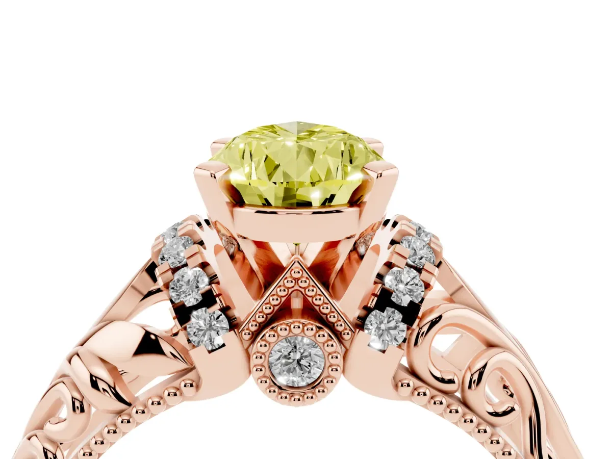 Fancy Yellow Pear Cut Solitaire Filigree Engagement Ring with Halo and Prong Setting Rose gold