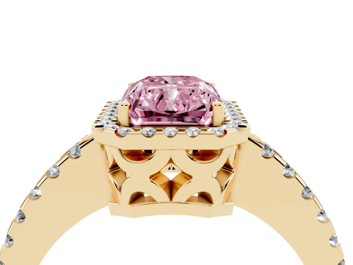 Fancy Pink Radiant Cut Diamond Halo Engagement Ring with Pavé Band and Prong Setting Yellow gold