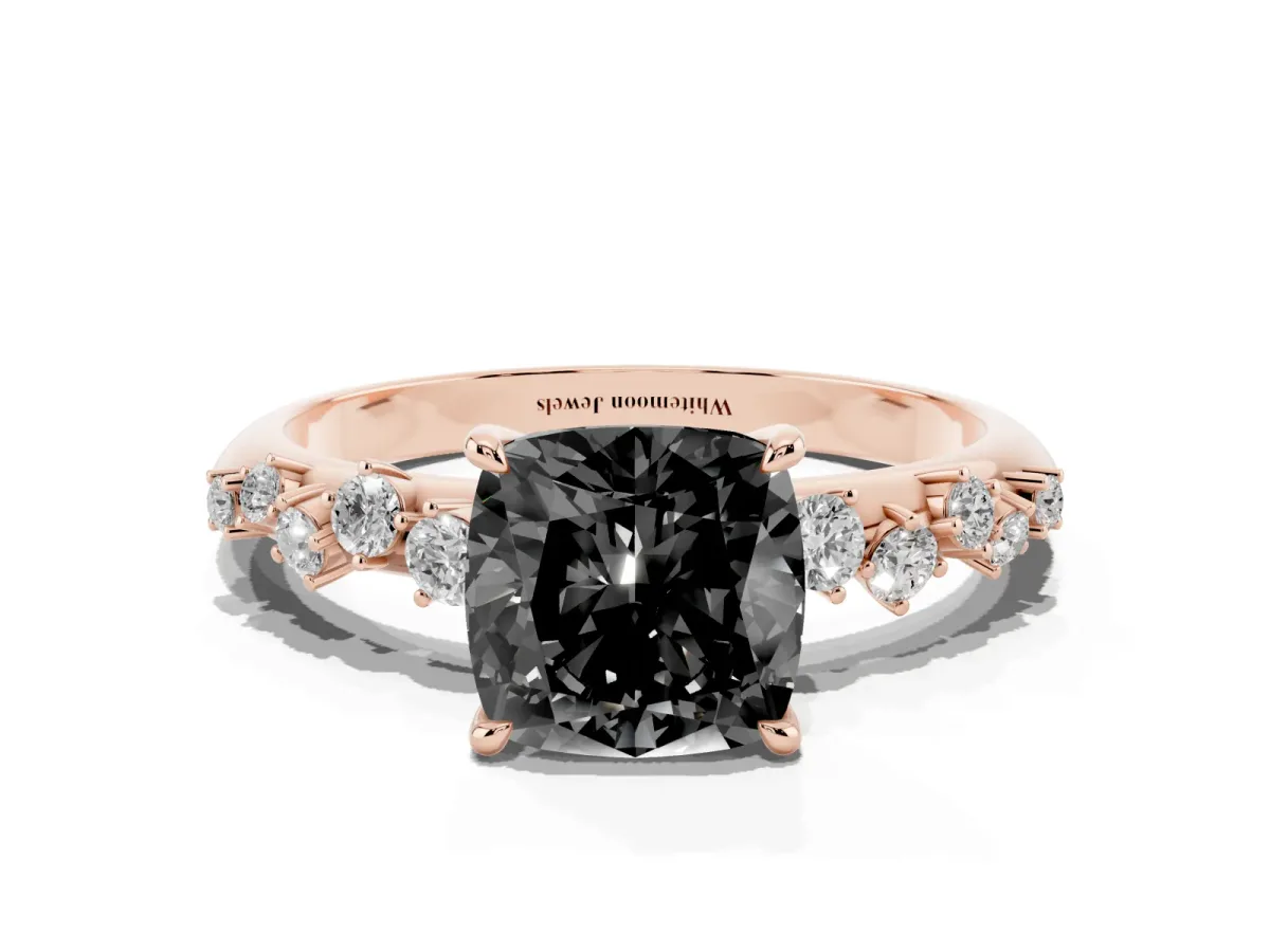 Fancy Black Cushion Cut Diamond Cluster Side Stone Solitaire Ring with Prong Setting Rose gold