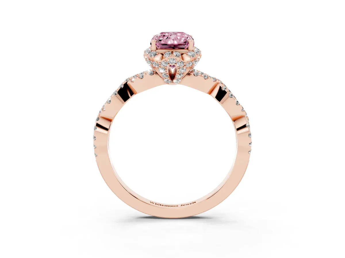 Fancy Pink Radiant Cut Halo Twist Band Solitaire Ring with Six-Prong Setting Rose gold