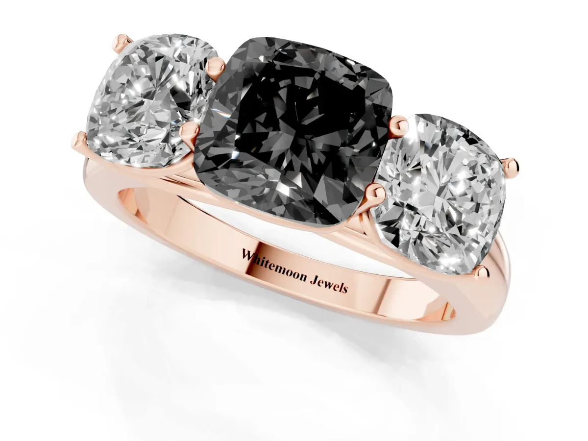 Fancy Black Cushion Cut Three-Stone Diamond Ring with Prong Setting on a Classic Band Rose gold