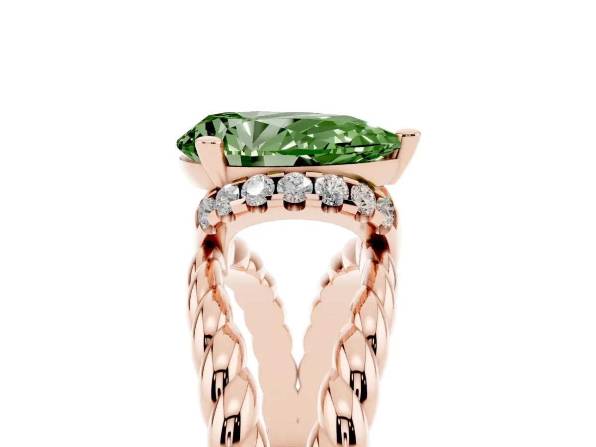 Fancy Green Pear Cut Halo Twisted Band Four-Prong Ring Rose gold