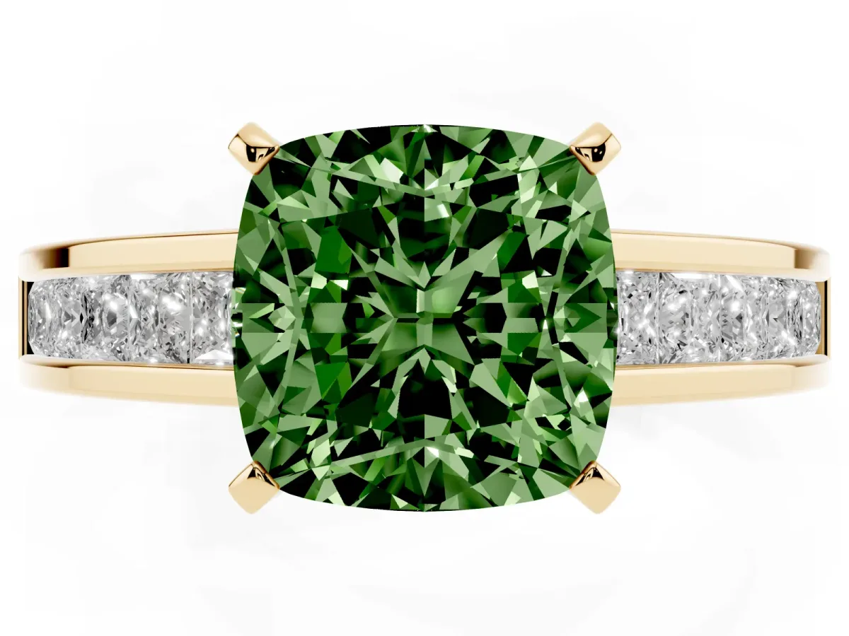 Fancy Green Cushion Cut Solitaire Diamond Ring with Channel-Set Band and Four-Prong Setting Yellow gold