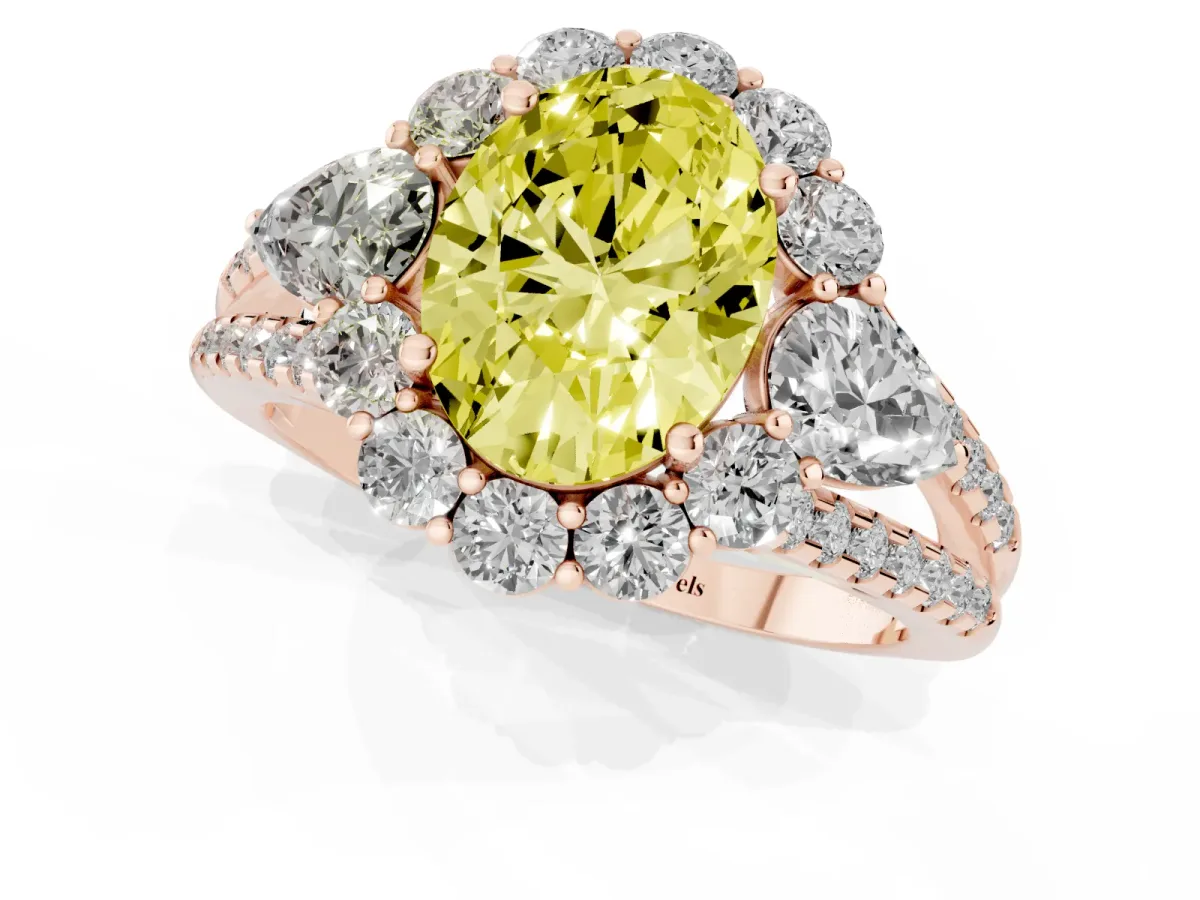 Fancy Yellow Oval Cut Halo Split Shank Diamond Engagement Ring with Prong Setting Rose gold