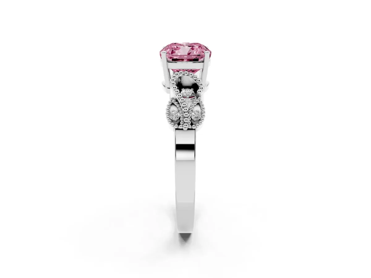 Fancy Pink Cushion Cut Solitaire Milgrain Leaf Band with Prong Setting Silver
