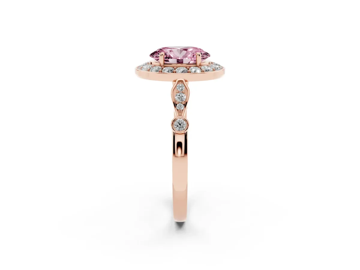 Fancy Pink Oval Cut Halo Diamond Engagement Ring with Twisted Band and Four-Prong Setting Rose gold