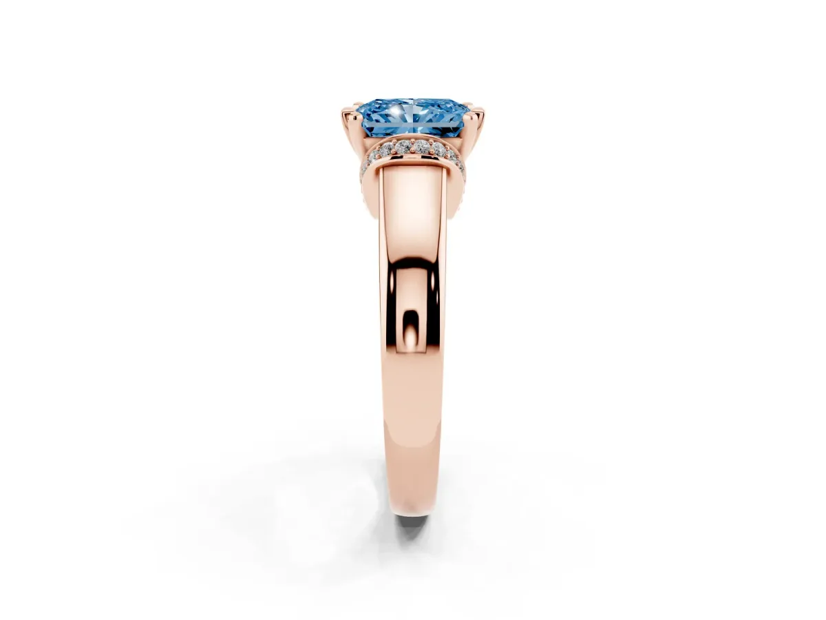 Fancy Blue Radiant Cut Solitaire Diamond Ring with Pave Band and Six-Prong Setting Rose gold
