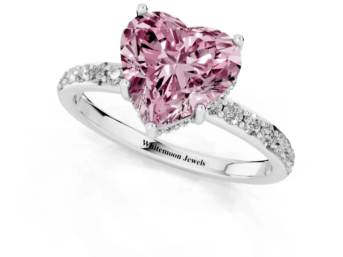 Fancy Pink Heart Cut Diamond Solitaire Ring with Pavé Band and Hidden Halo Platinum