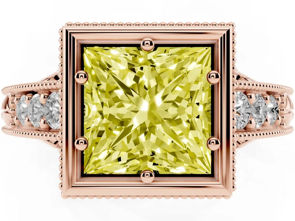 Fancy Yellow Bezel Set Princess Cut Diamond Milgrain Pave Engagement Ring Rose gold