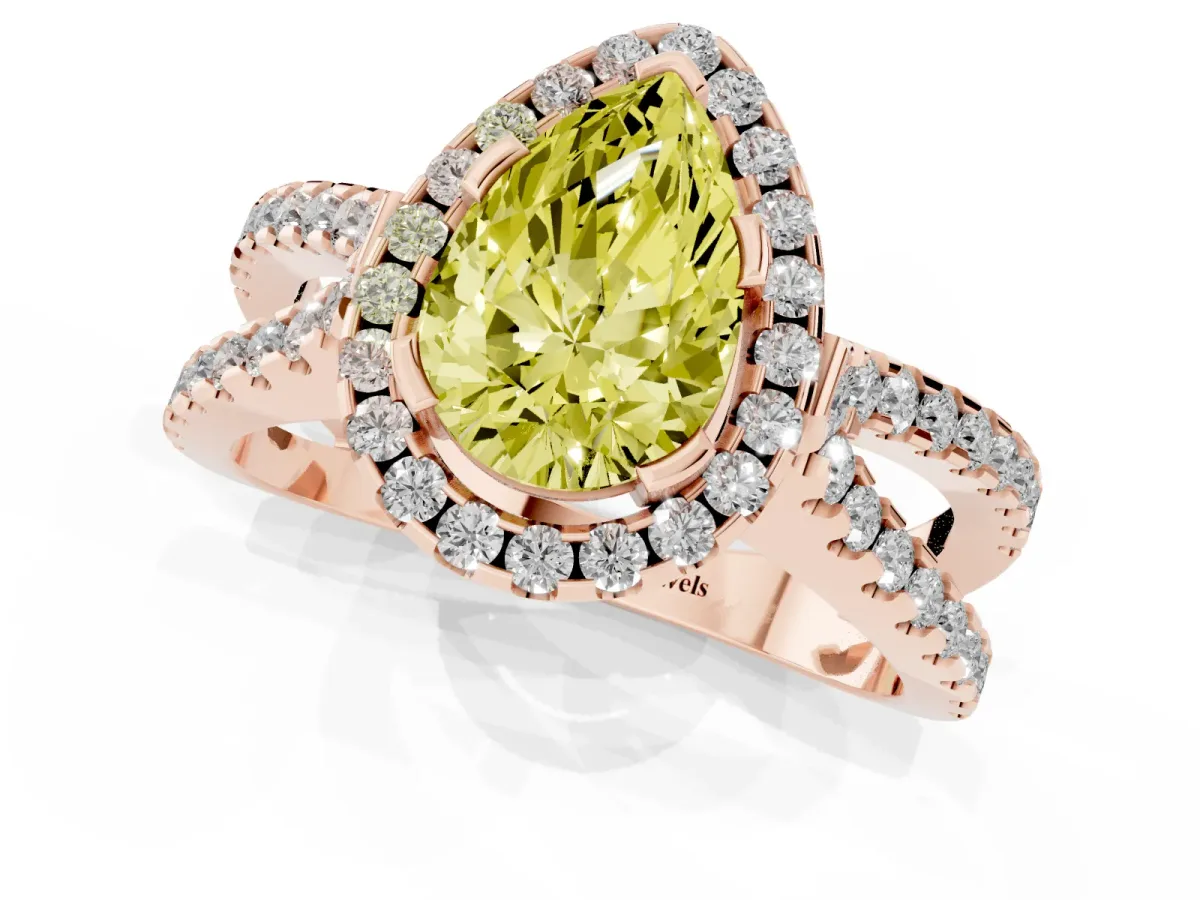 Fancy Yellow Pear Cut Diamond Halo Ring with Split Shank Pavé Band and Prong Setting Rose gold