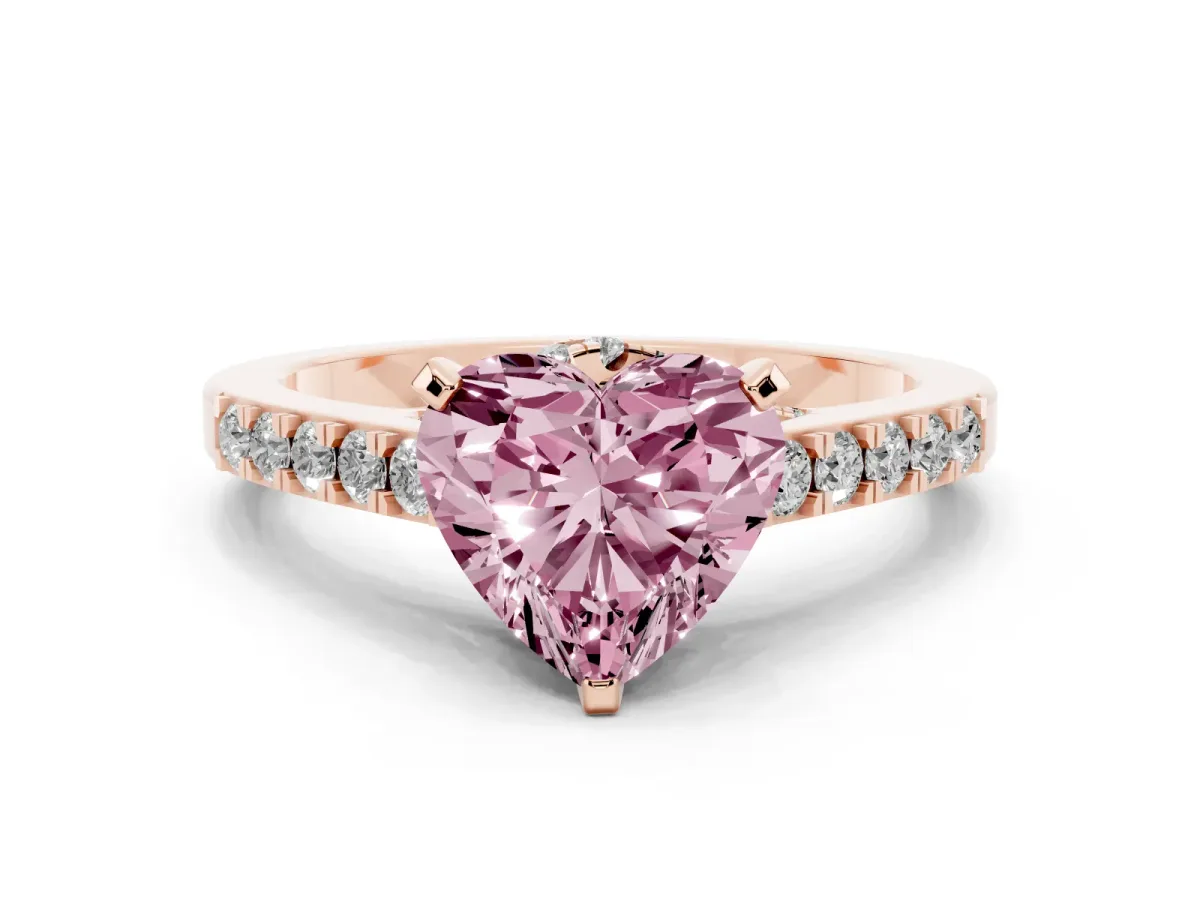 Fancy Pink Heart Cut Diamond Solitaire Ring with Crossover Gallery and Round Pavé Band Rose gold