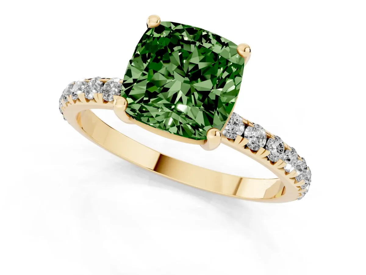 Fancy Green Cushion Cut Cut Diamond Solitaire Ring with Micro Pave Band and Four Prong Setting Yellow gold