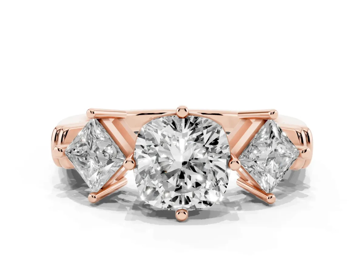 Three-Stone Cushion Cut and Princess Cut Diamond Ring with Channel Band and Four-Prong Setting Rose gold