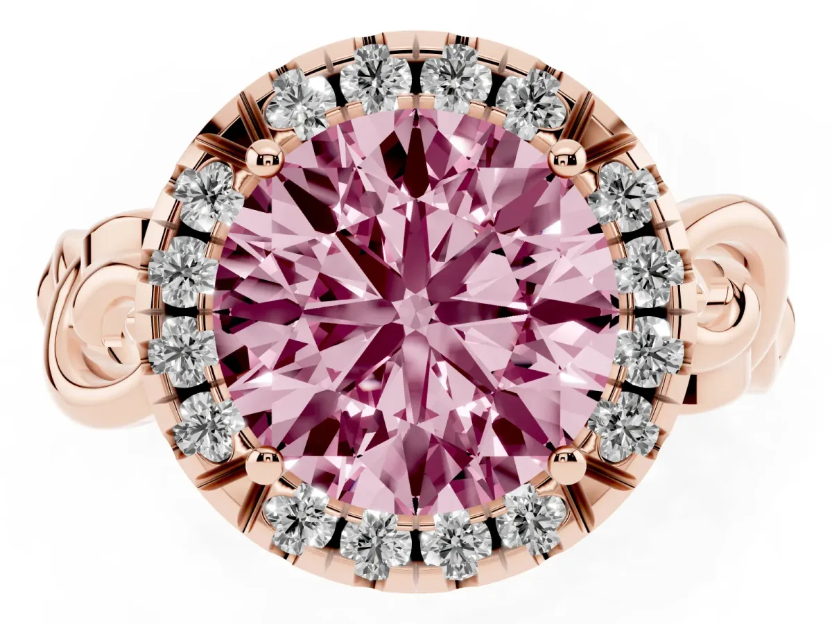 Fancy Pink Round Cut Cut Halo Diamond Ring with Scrollwork Band and Four-Prong Setting Rose gold