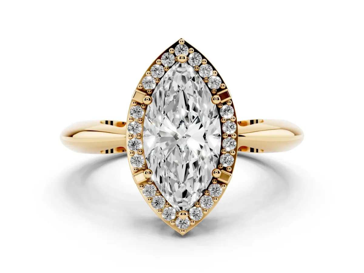 Marquise Cut Cut Diamond Halo Engagement Ring with Split Shank and Four-Prong Setting Yellow gold