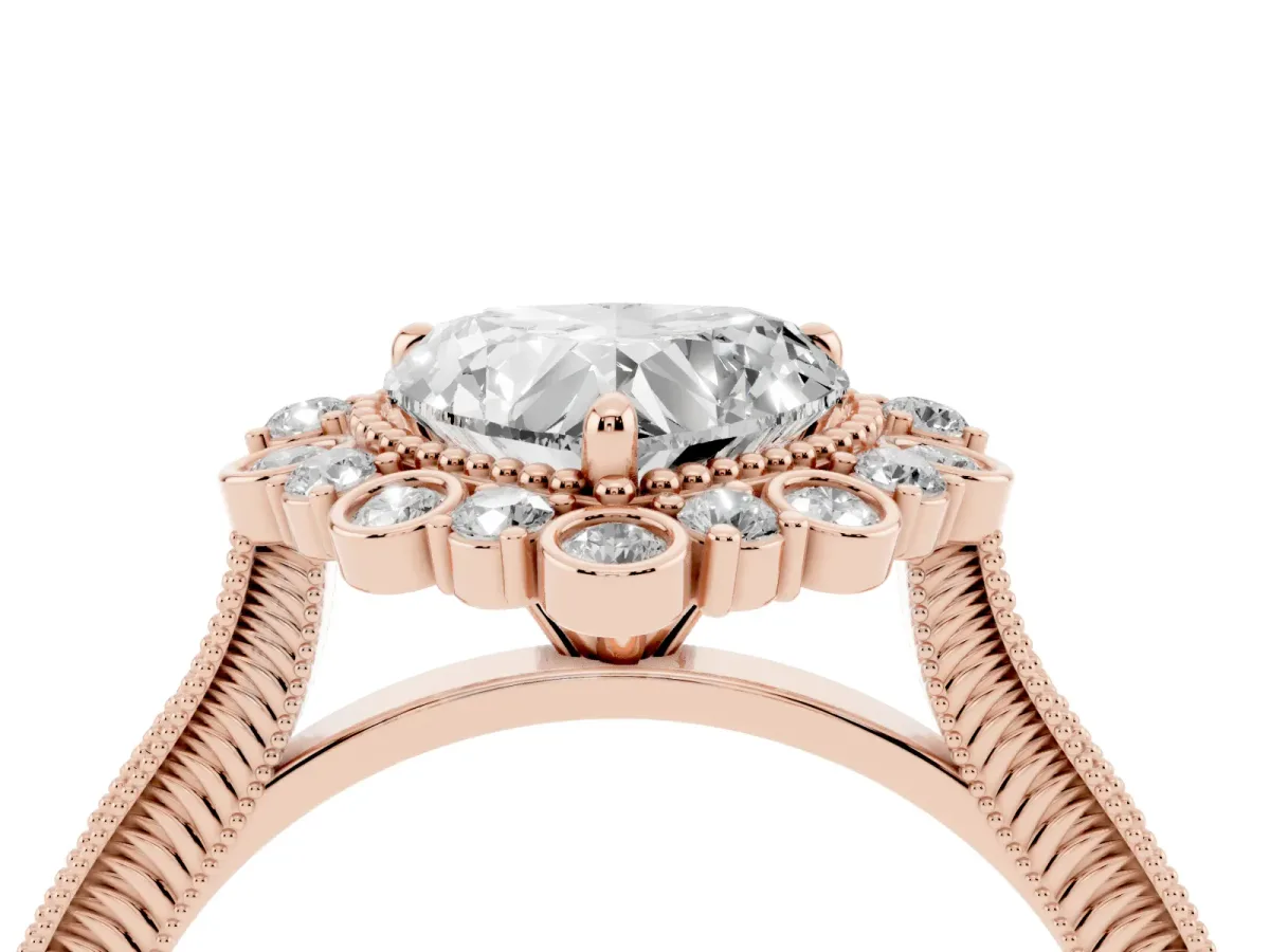 Heart Cut Halo Milgrain Pave Diamond Ring with Four-Prong Setting Rose gold