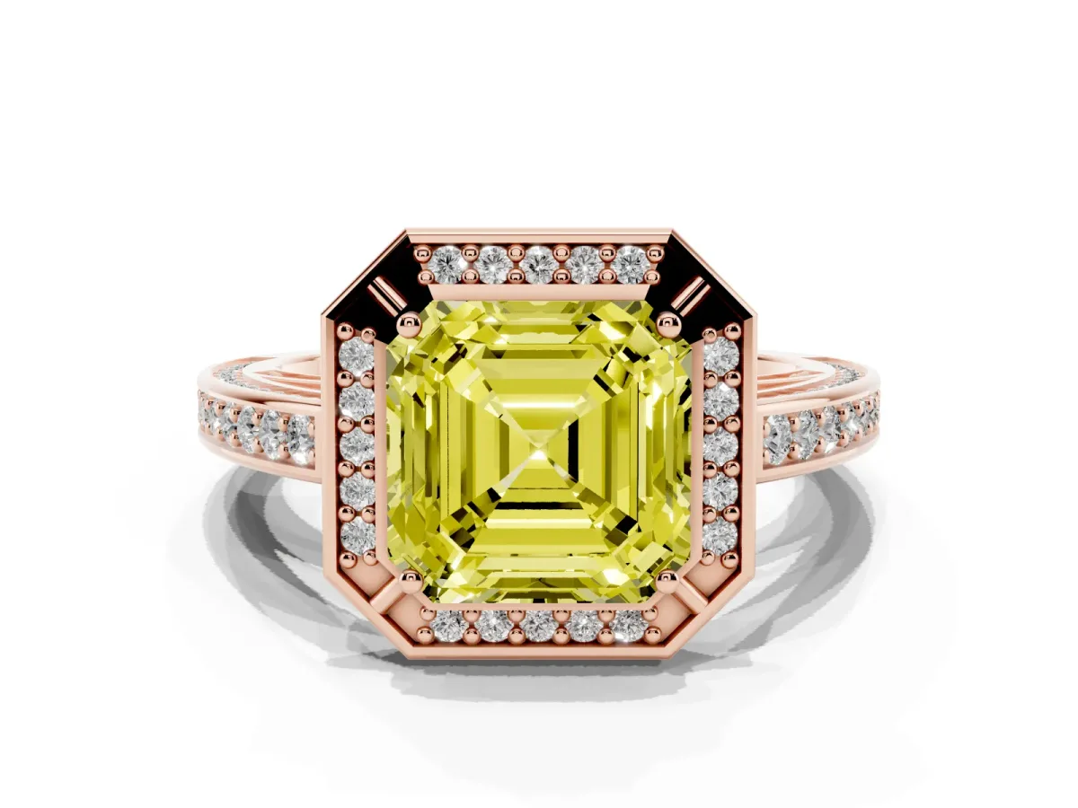 Fancy Yellow Asscher Cut Cut Halo Pave Split Shank Prong Setting Ring Rose gold