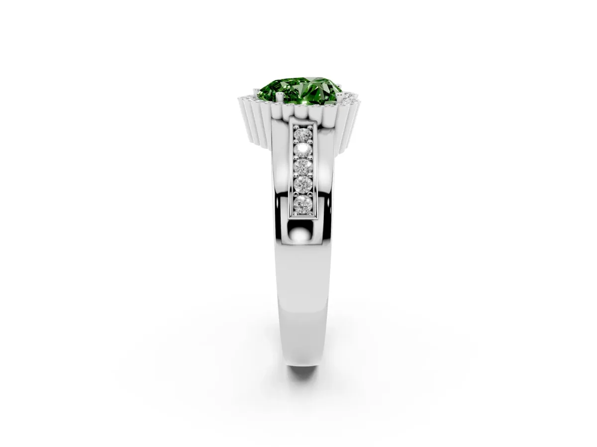 Fancy Green Heart Cut Cut Halo Pave Band Four-Prong Ring Silver