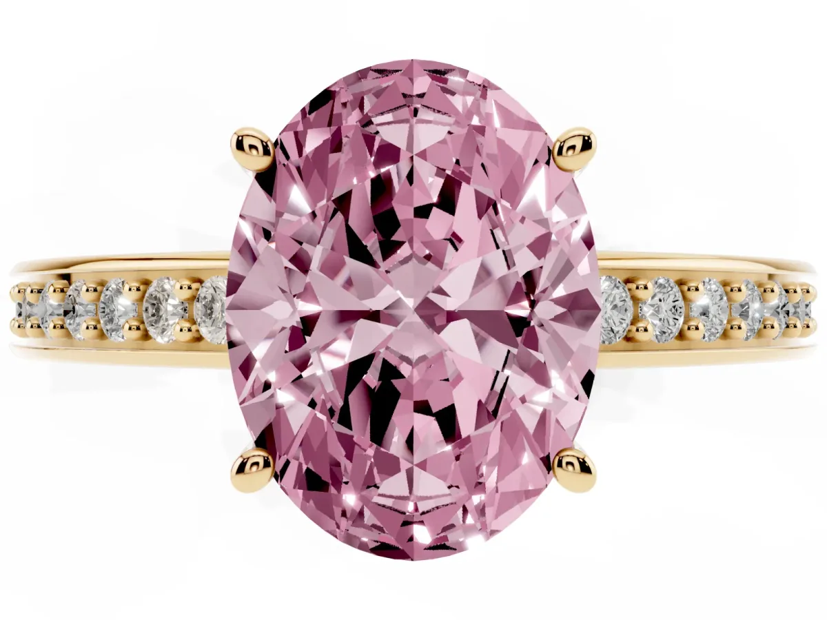 Fancy Pink Oval Cut Solitaire Pavé Band Prong Setting Ring Yellow gold