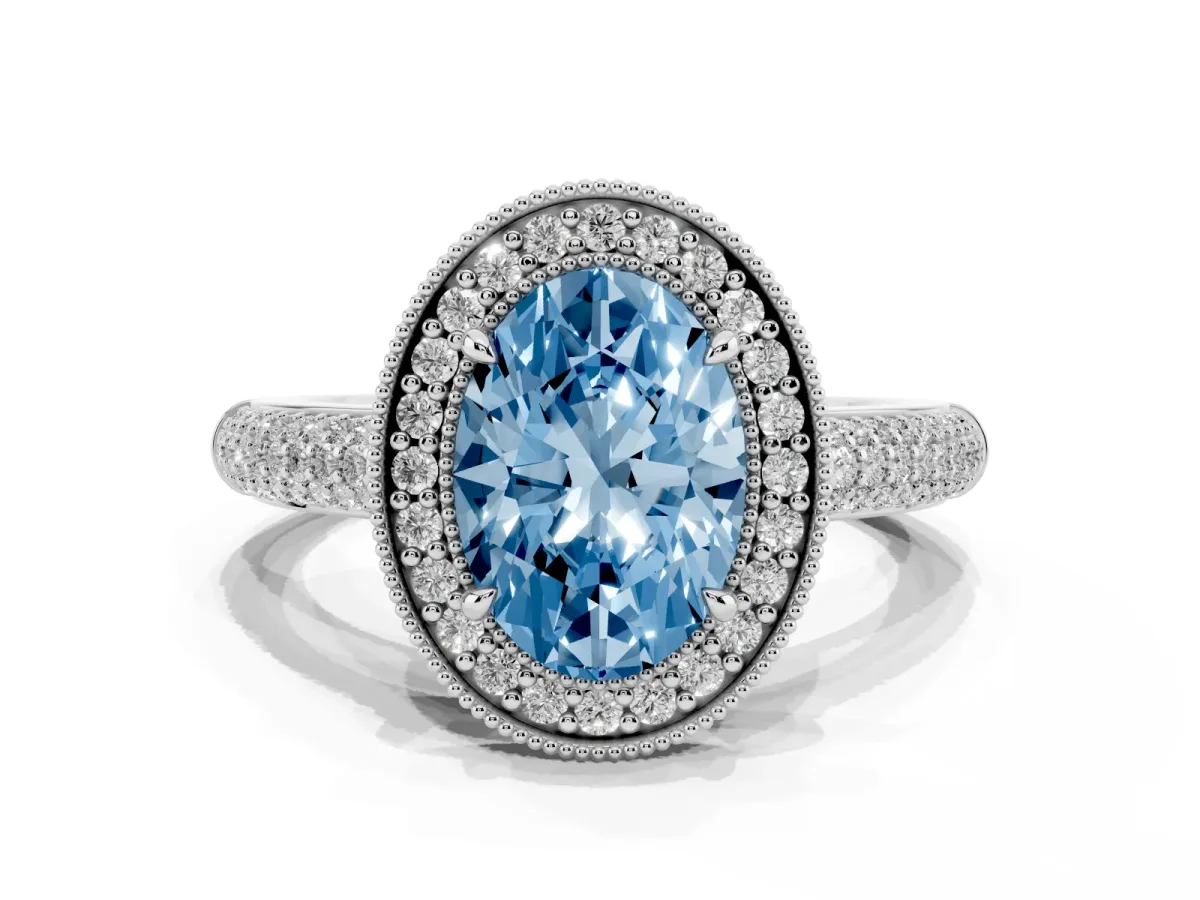 Fancy Blue Oval Cut Cut Halo Diamond Pave Band with Four-Prong Setting Platinum