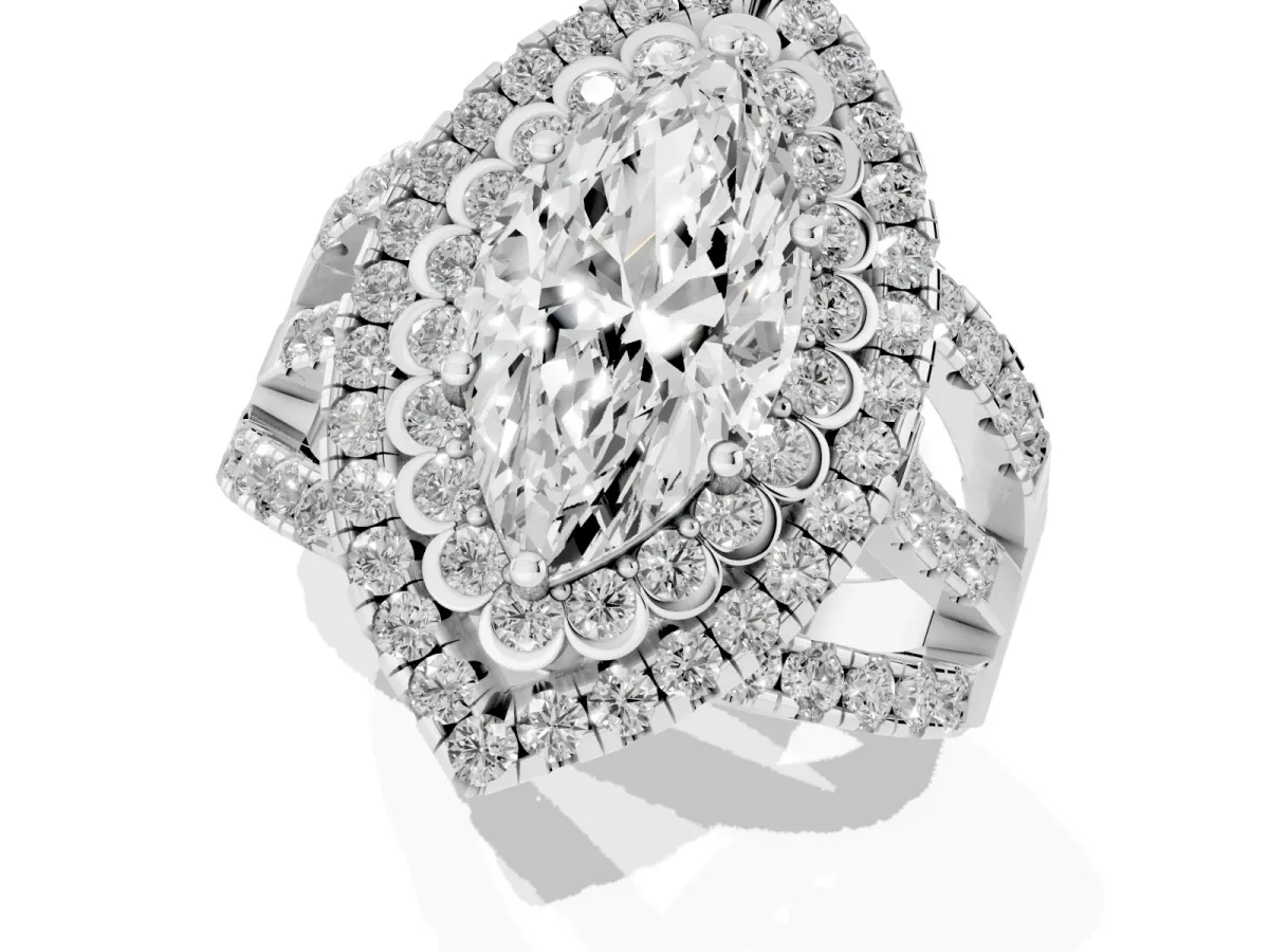Marquise Cut Diamond Double Halo Ring with Round Pavé Split Shank and Prong Setting Silver