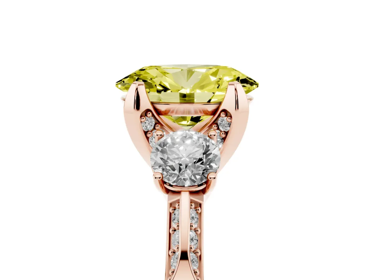 Fancy Yellow Oval Cut Brilliant Three-Stone Diamond Ring with Pavé Band and Four-Prong Setting Rose gold