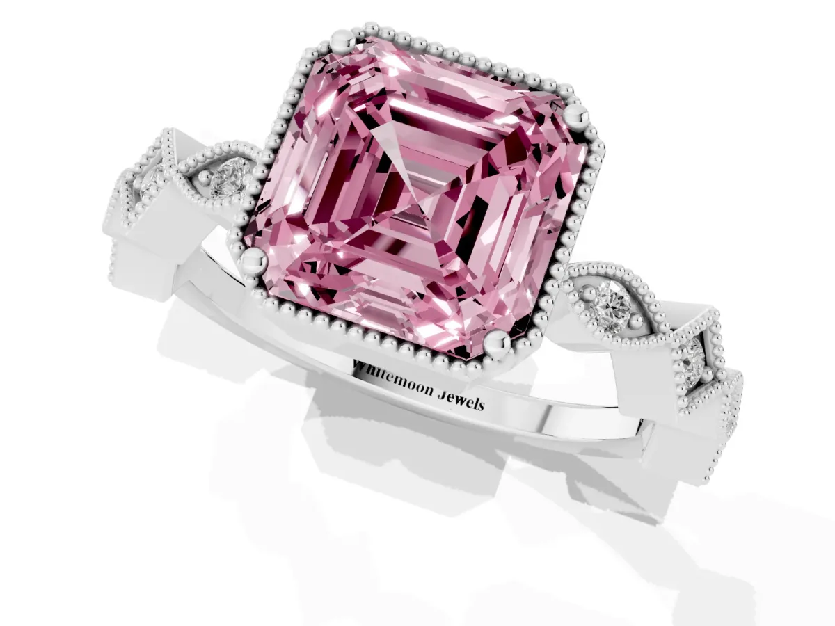 Fancy Pink Asscher Cut Milgrain Marquise Diamond Twist Band Ring Silver