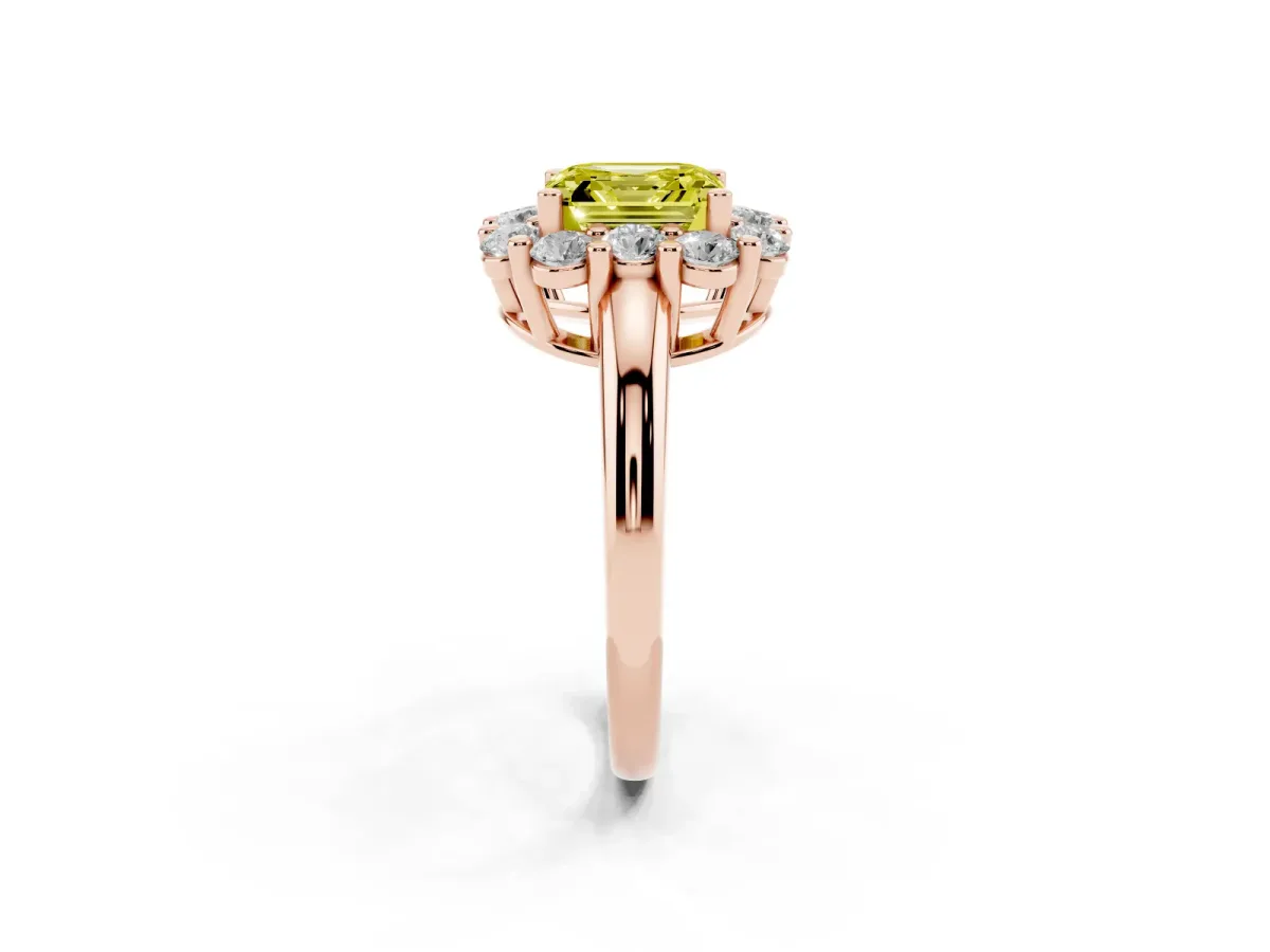 Fancy Yellow Asscher Cut Halo Cluster Diamond Engagement Ring with Prong Setting and Polished Band Rose gold