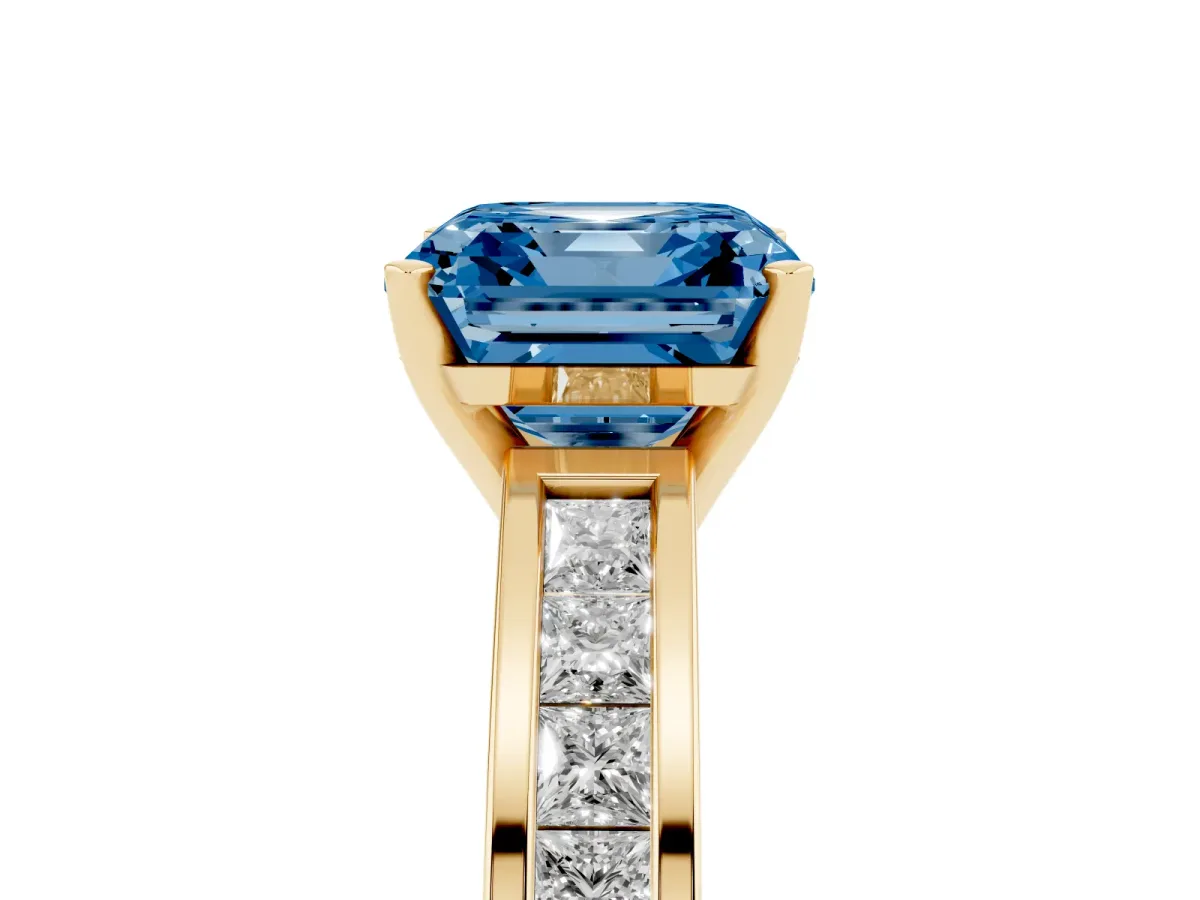 Fancy Blue Asscher Cut Solitaire Diamond Ring with Channel-Set Band and Four-Prong Setting Yellow gold