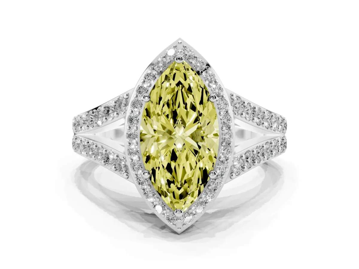 Fancy Yellow Marquise Cut Diamond Split Shank Halo Ring with Four-Prong Setting Silver
