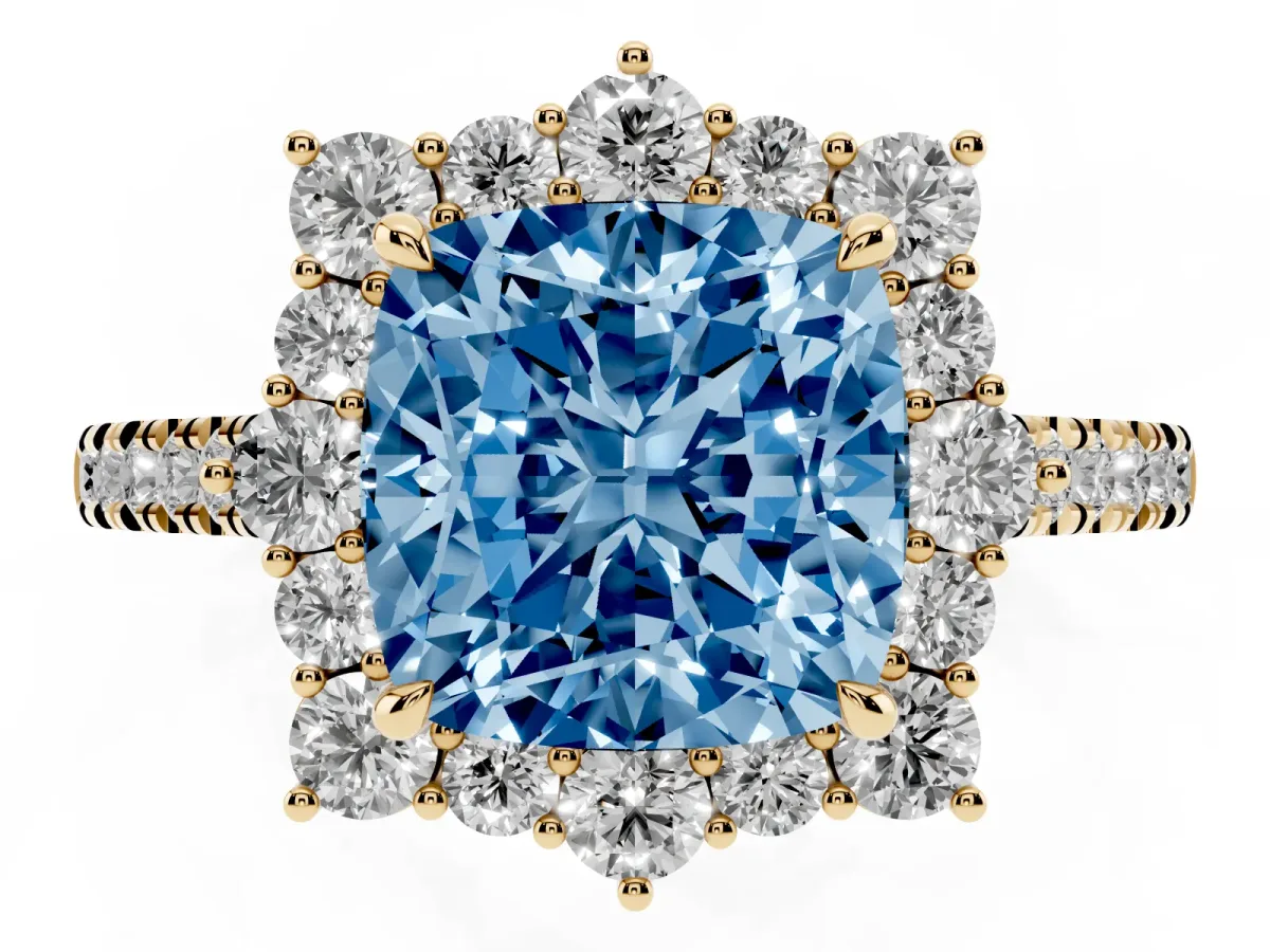 Fancy Blue Cushion Cut Halo Diamond Ring with Pavé Band and Prong Setting Yellow gold