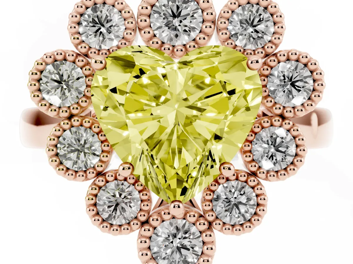 Fancy Yellow Heart Cut Halo Diamond Cluster Engagement Ring with Milgrain Bezel Setting and Solitaire Band Rose gold