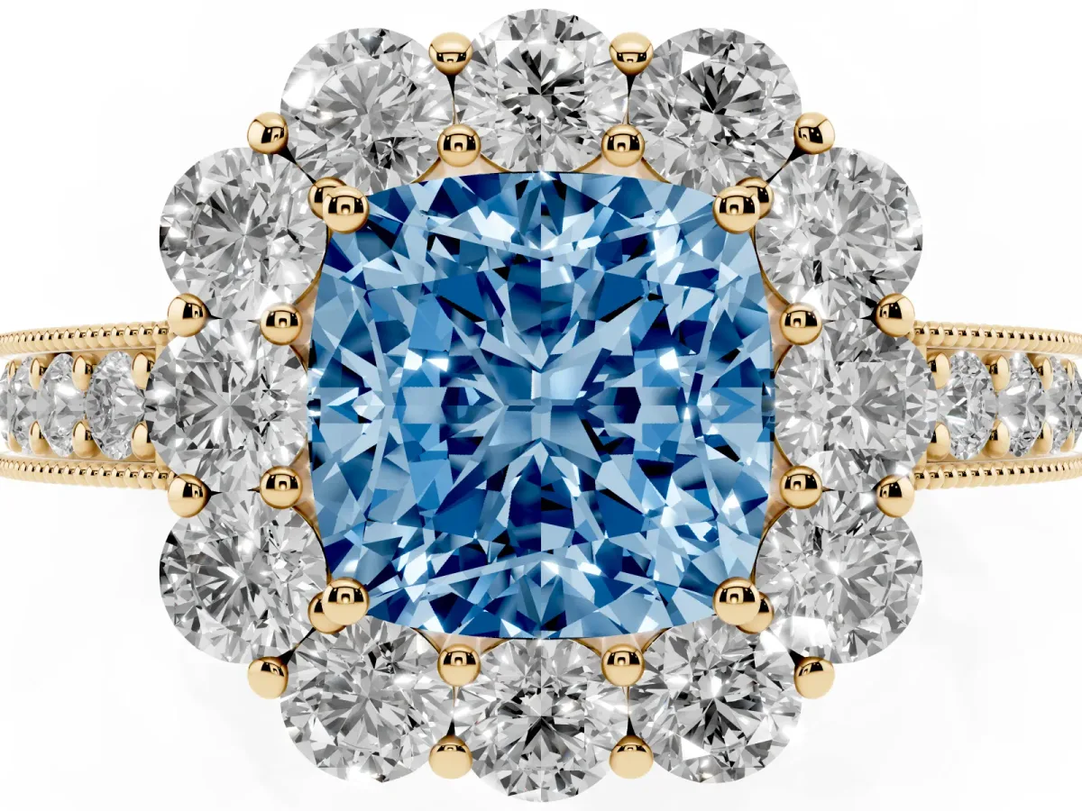 Fancy Blue Cushion Cut Cut Halo Diamond Pavé Engagement Ring with Milgrain Detailing Yellow gold